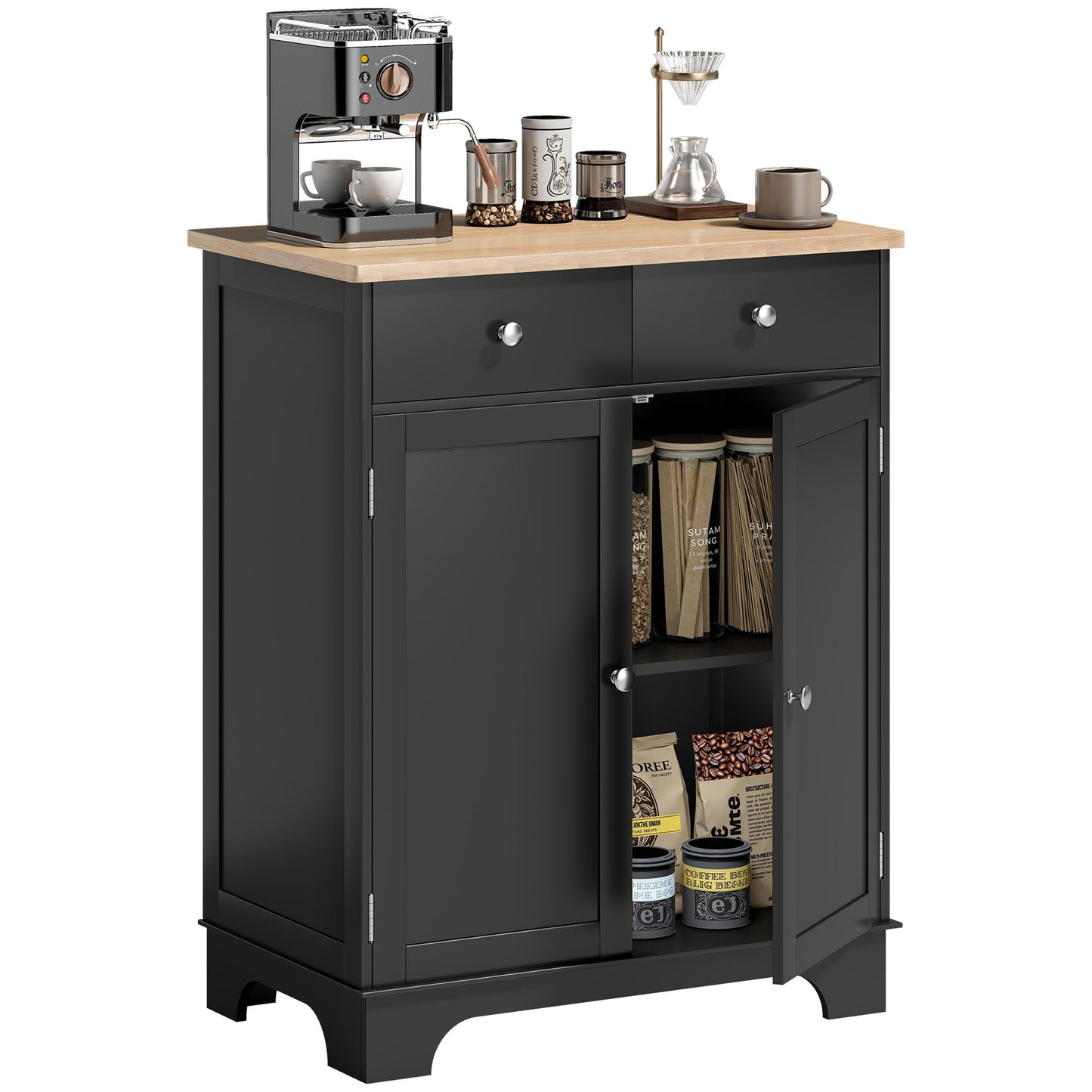 Sideboard Buffet Cabinet with Storage, 27" Kitchen Cabinet with Adjustable Shelf, 2 Drawers and 2 Doors, Coffee Bar Cabinet with Rubberwood Tabletop, Black