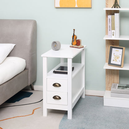 Slim End Table with 2 Drawers and Shelf - White