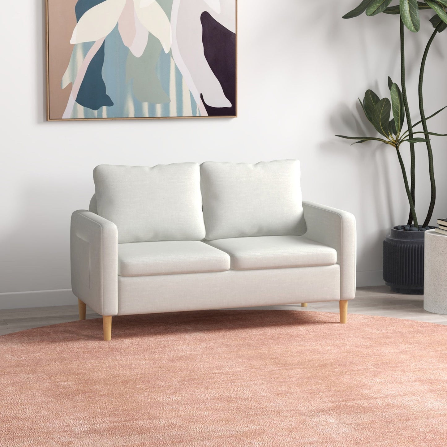 56" 2 Seat Sofa, Modern Love Seats Furniture, Upholstered 2 Seater Couch with Side Pockets, Solid Wood Frame, White