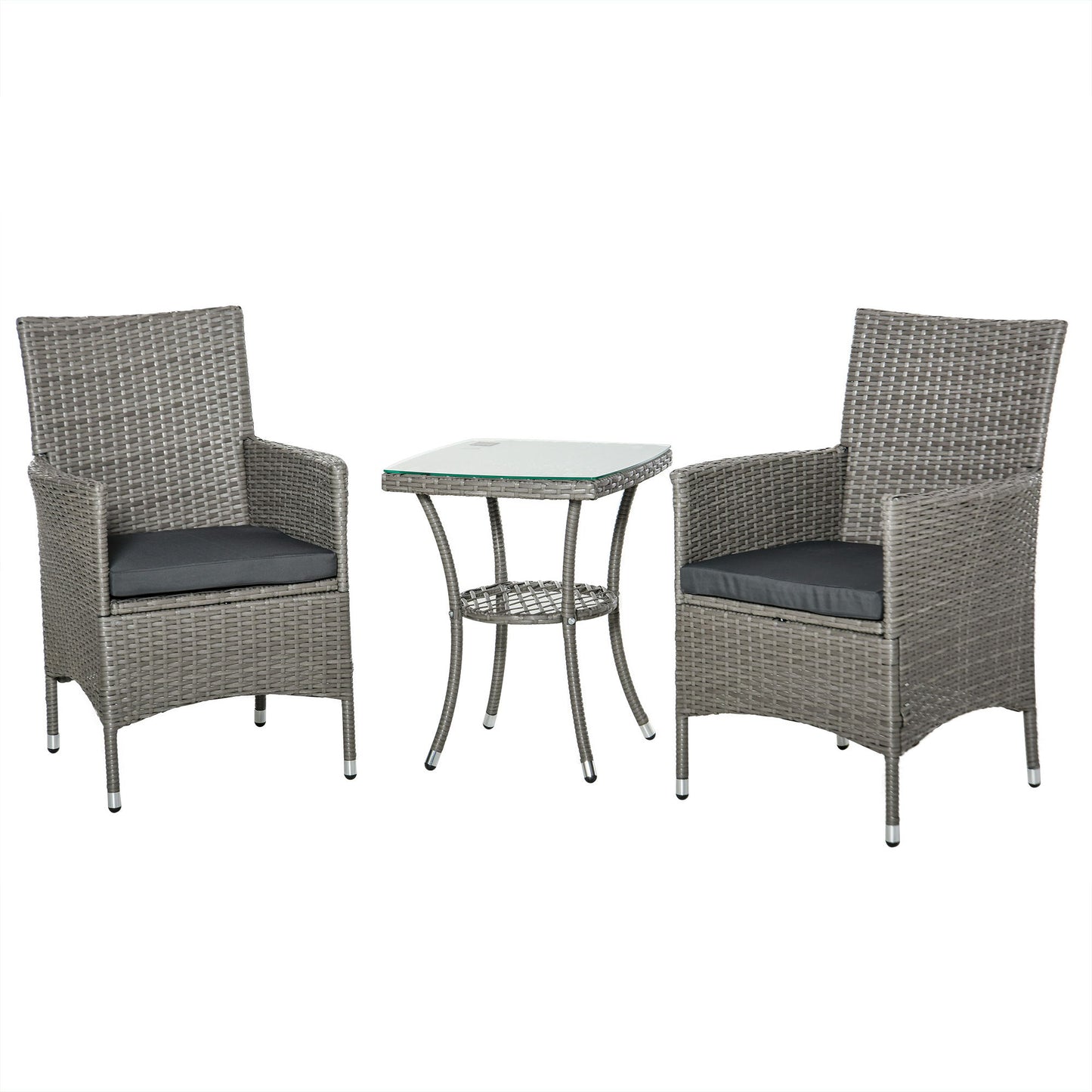 3 Pieces Wicker Patio Furniture Set, Rattan Bistro Set with Glass Top Coffee Table and Cushions, Outdoor Conversation Set for Garden, Porch, Balcony, Grey
