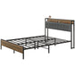 Full Size Bed Frame with Charging Station, Full Bed Frame with Upholstered Headboard and Storage Shelf, Walnut