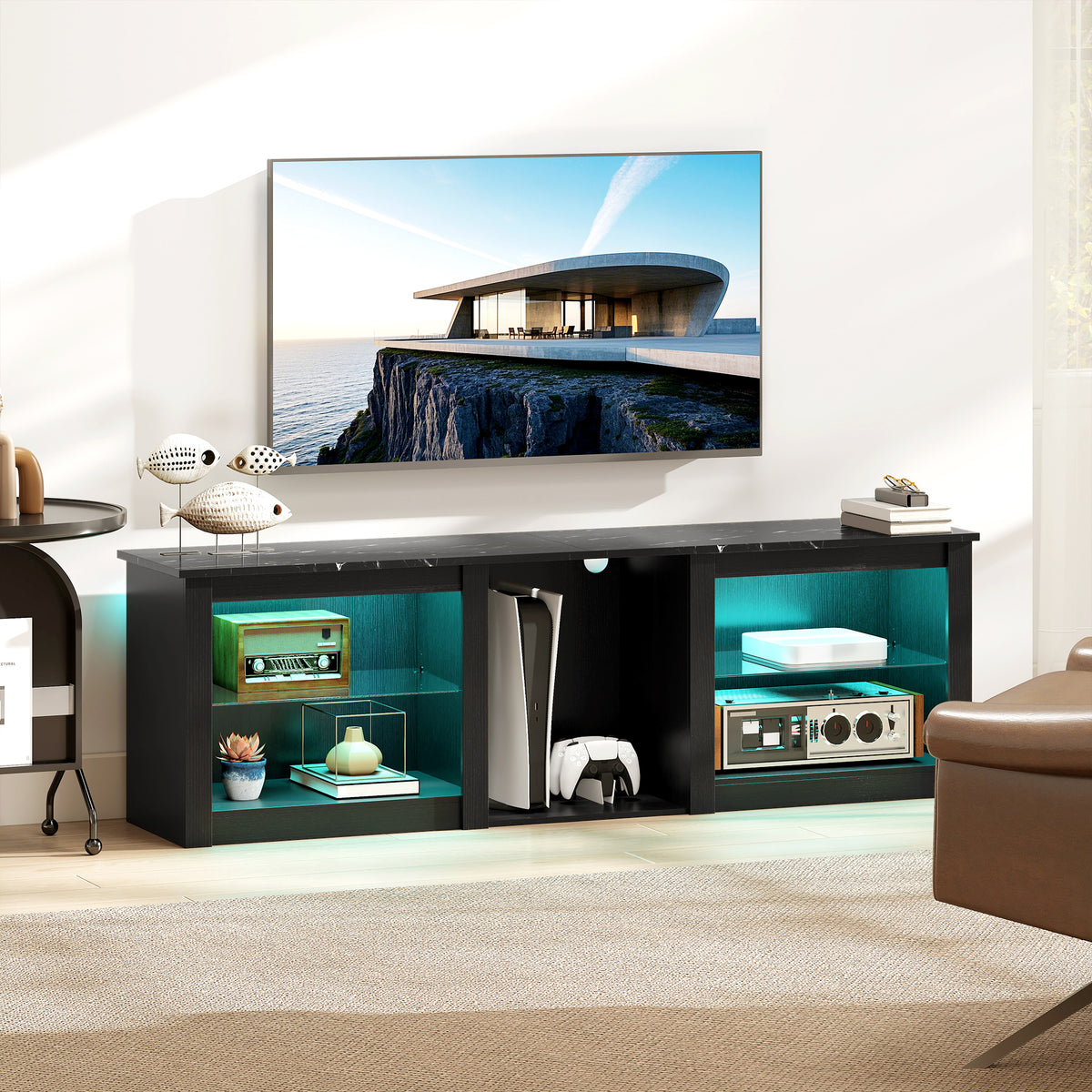 TV Stand with LED Lights, Modern Entertainment Center with Adjustable Glass Shelves, for TVs up to 70 Inch, Black