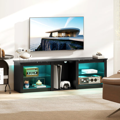 TV Stand with LED Lights and Glass Shelves - Black