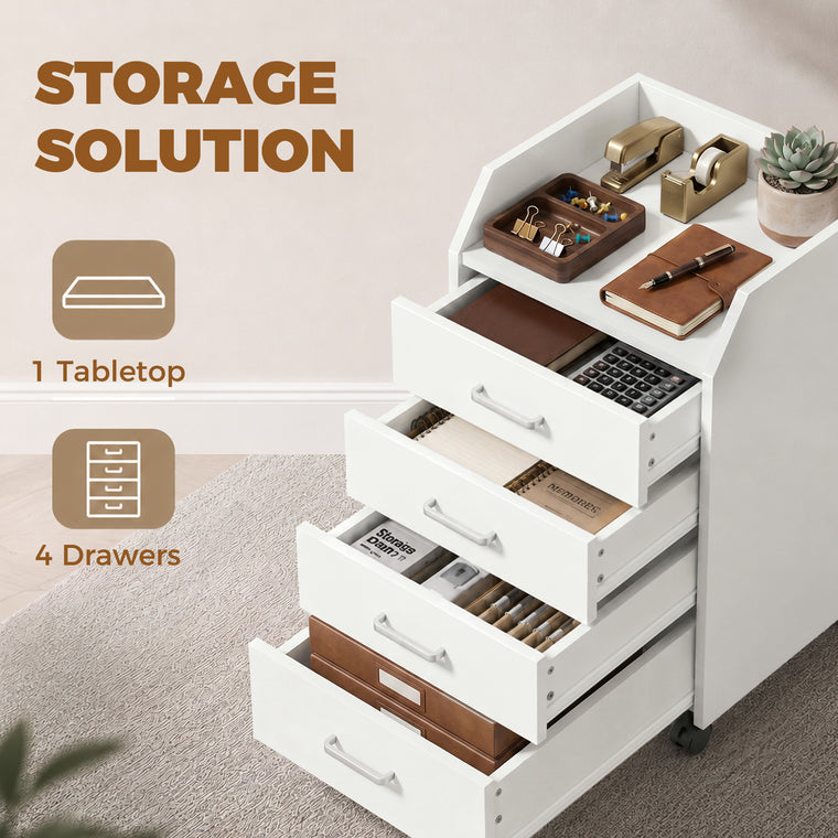 4-Drawer Mobile Filing Cabinet with Lock - White