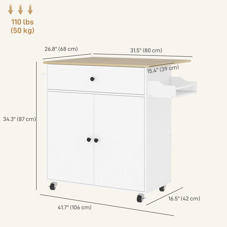 Rolling Kitchen Island with Drop Leaf and Drawer - White