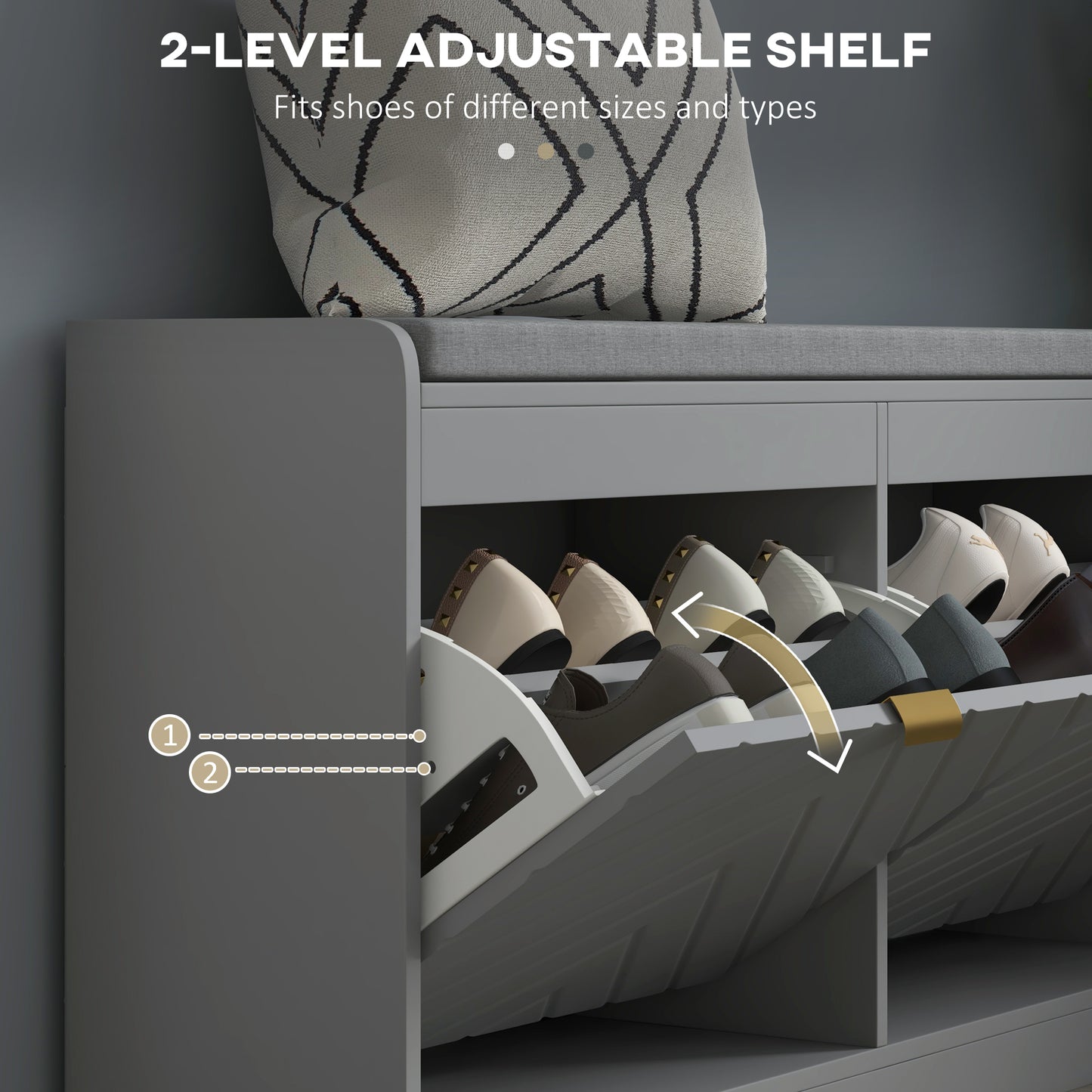 Shoe Storage with Seat, Upholstered Hallway Bench, Shoe Bench with 2 Flip Drawers and 4 Vents for 8 Pairs of Shoes