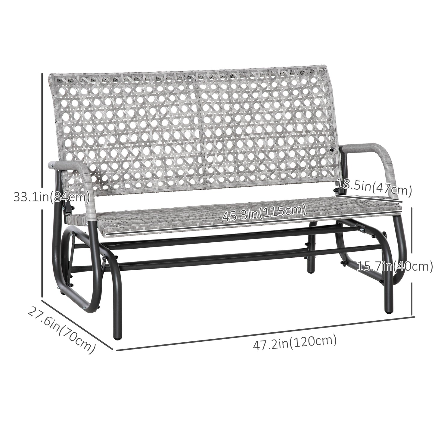 2 Seater Wicker Outdoor Glider Bench, Patio Swing Garden Bench, Garden Loveseat Rocking Chair, w/ Extra Wide Seat, Curved Backrest for Backyard, Poolside, Lawn, Mixed Grey