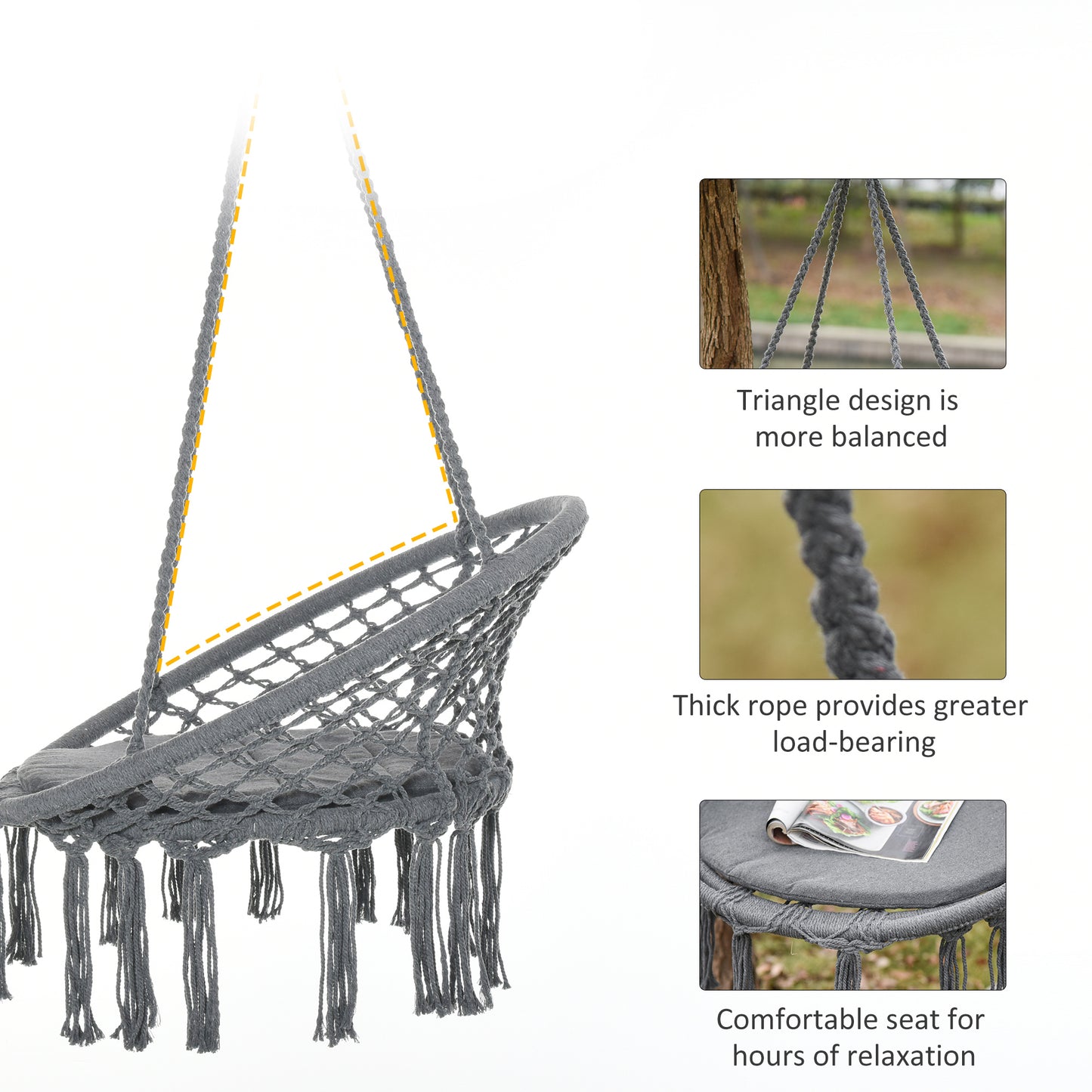 Patio Hammock Chair, Hanging Rope Hammock Swing for Indoor & Outdoor Use with Backrest, Cotton-Polyester Blend, Fringe Tassels, Dark Grey