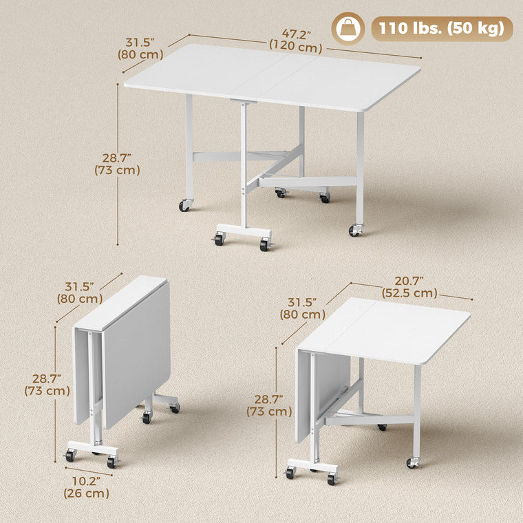 6-Seater Drop-Leaf Dining Table with Wheels - White