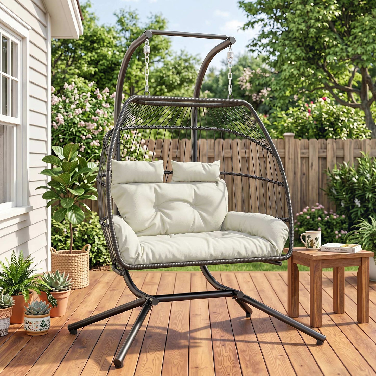 Double Wicker Egg Swing Chair with Stand, Foldable Hanging Egg Chair with UV Resistant Cushion, Headrest, Cream White - Cream White