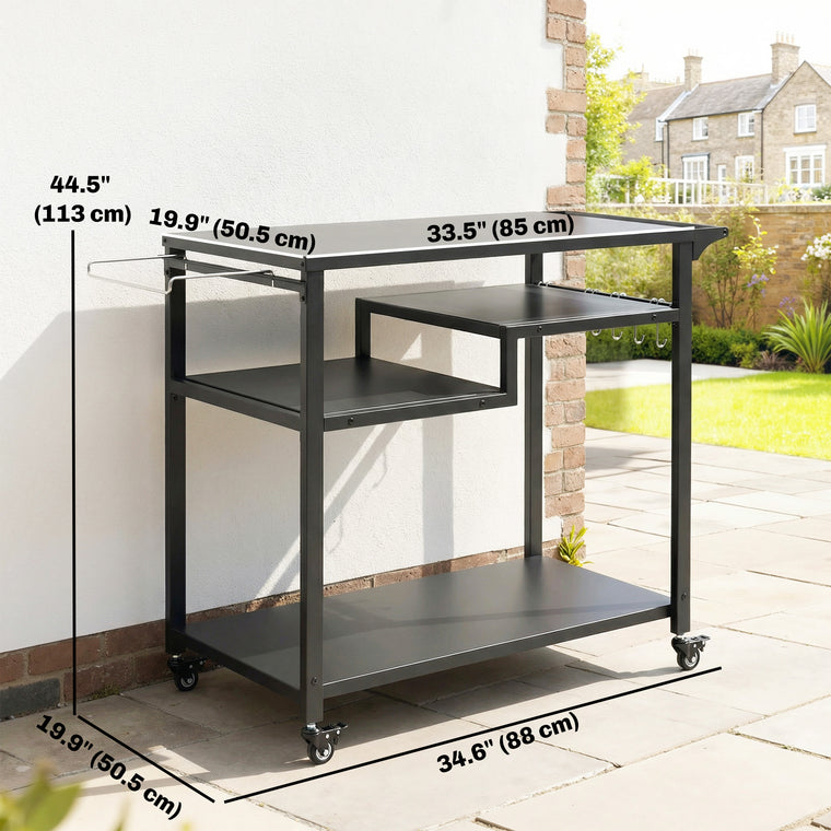 Black 3-Shelf Pizza Oven Stand with Hooks & Wheels
