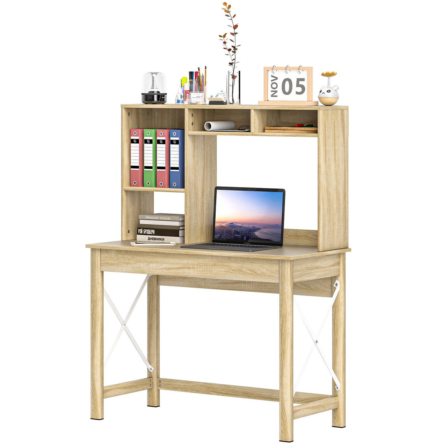 Computer Desk with Hutch, Home Office Table with Storage Shelves and Open Compartments for Writing, Work, Oak