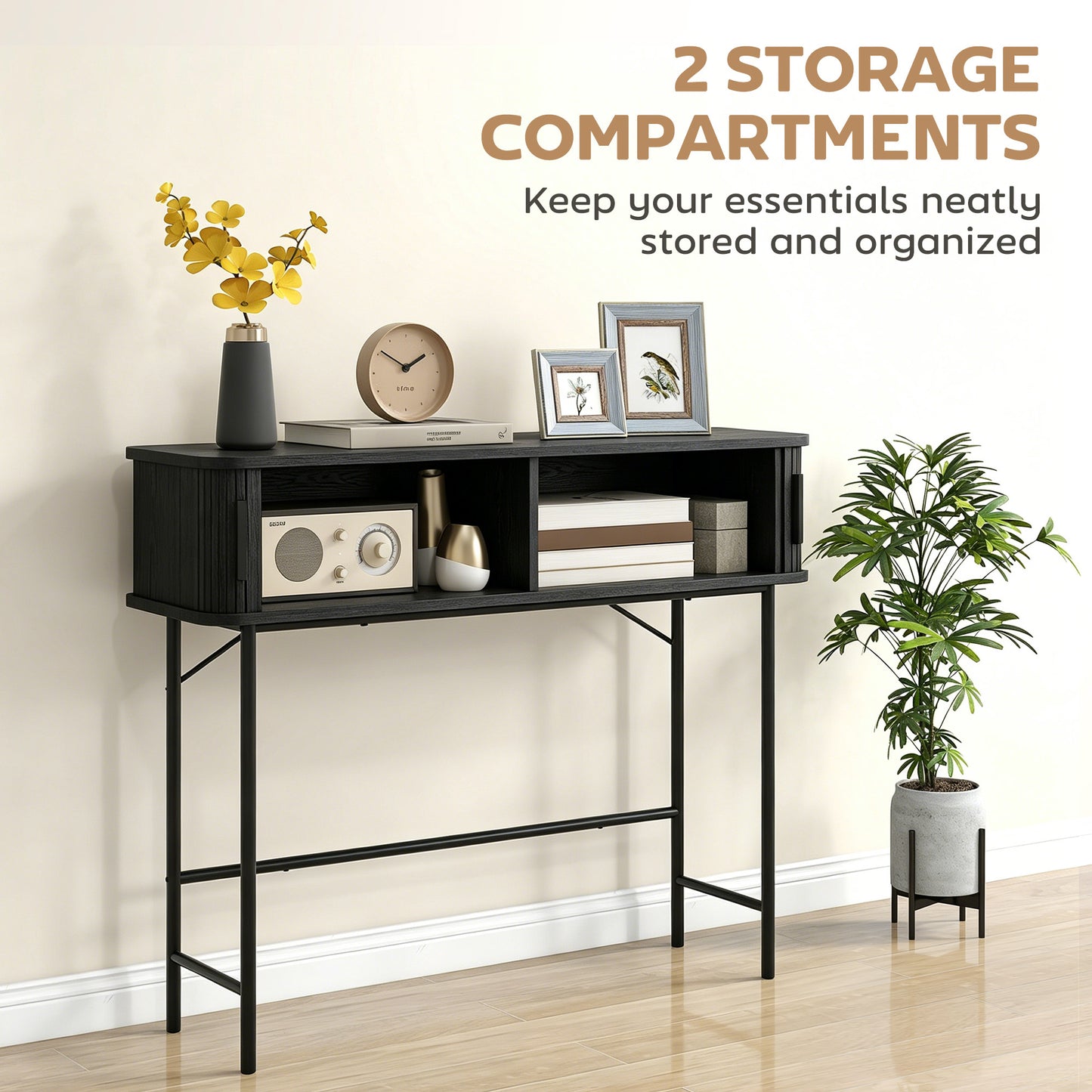 Mid-Century Entryway Table, Narrow Console Table with Storage Compartments for Behind Couch, Living Room, Black