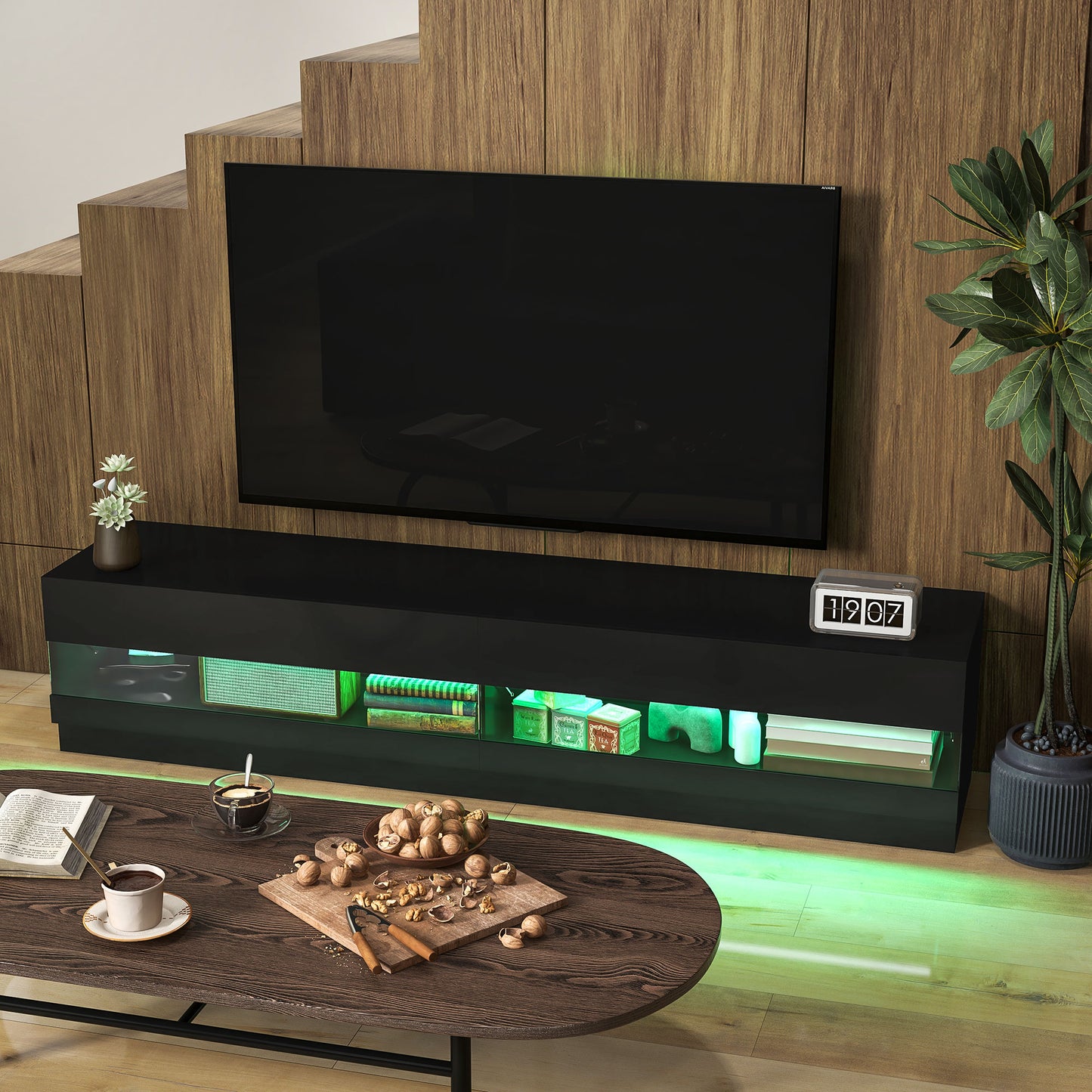 Lighted TV Stand for TVs up to 75", TV Cabinet with Storage for Living Room, High Gloss Black