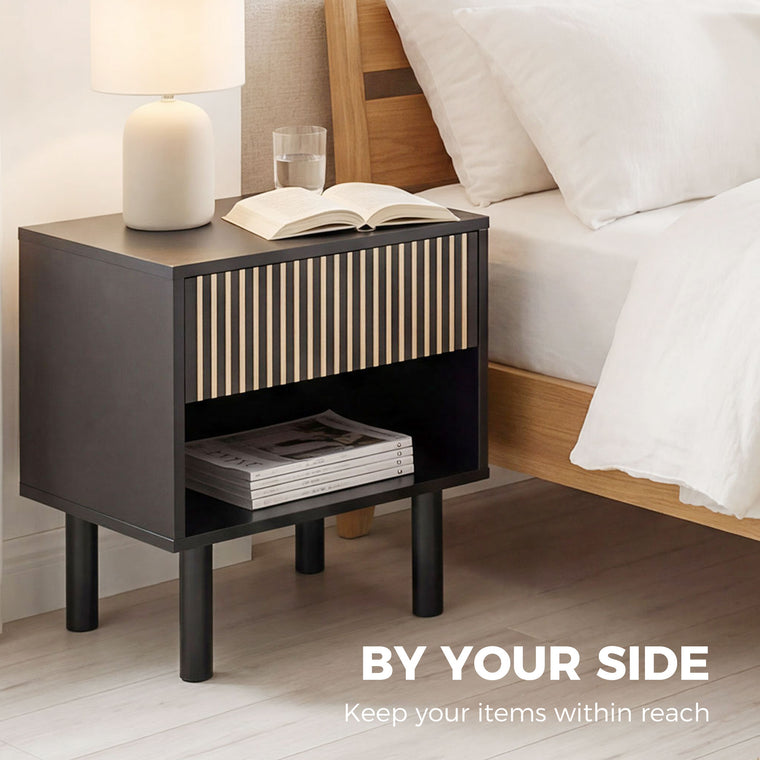 Bedside Table with Drawer and Open Shelf - Black