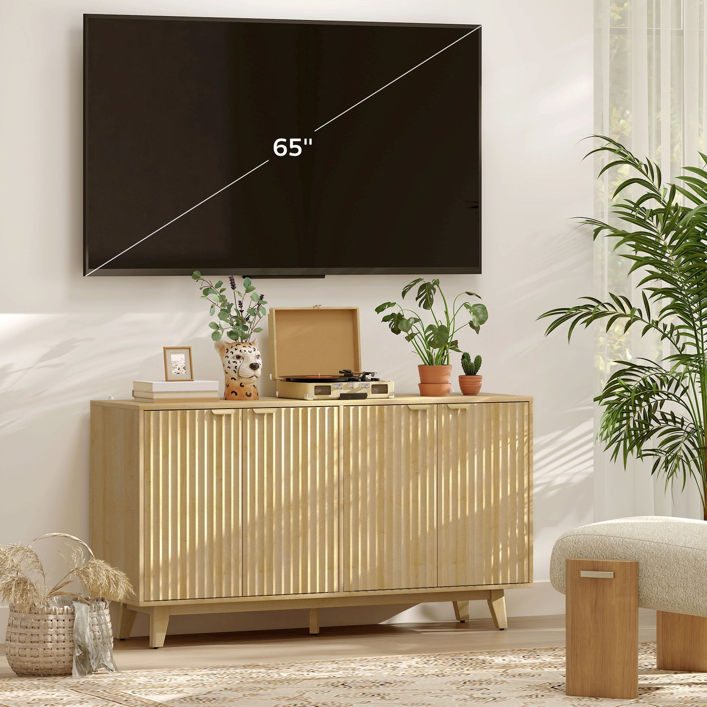 Fluted Sideboard Buffet Cabinet, 55" Coffee Bar Cabinet with 4 Doors, 2 Adjustable Shelves, 5 Wood Legs, Nature Wood