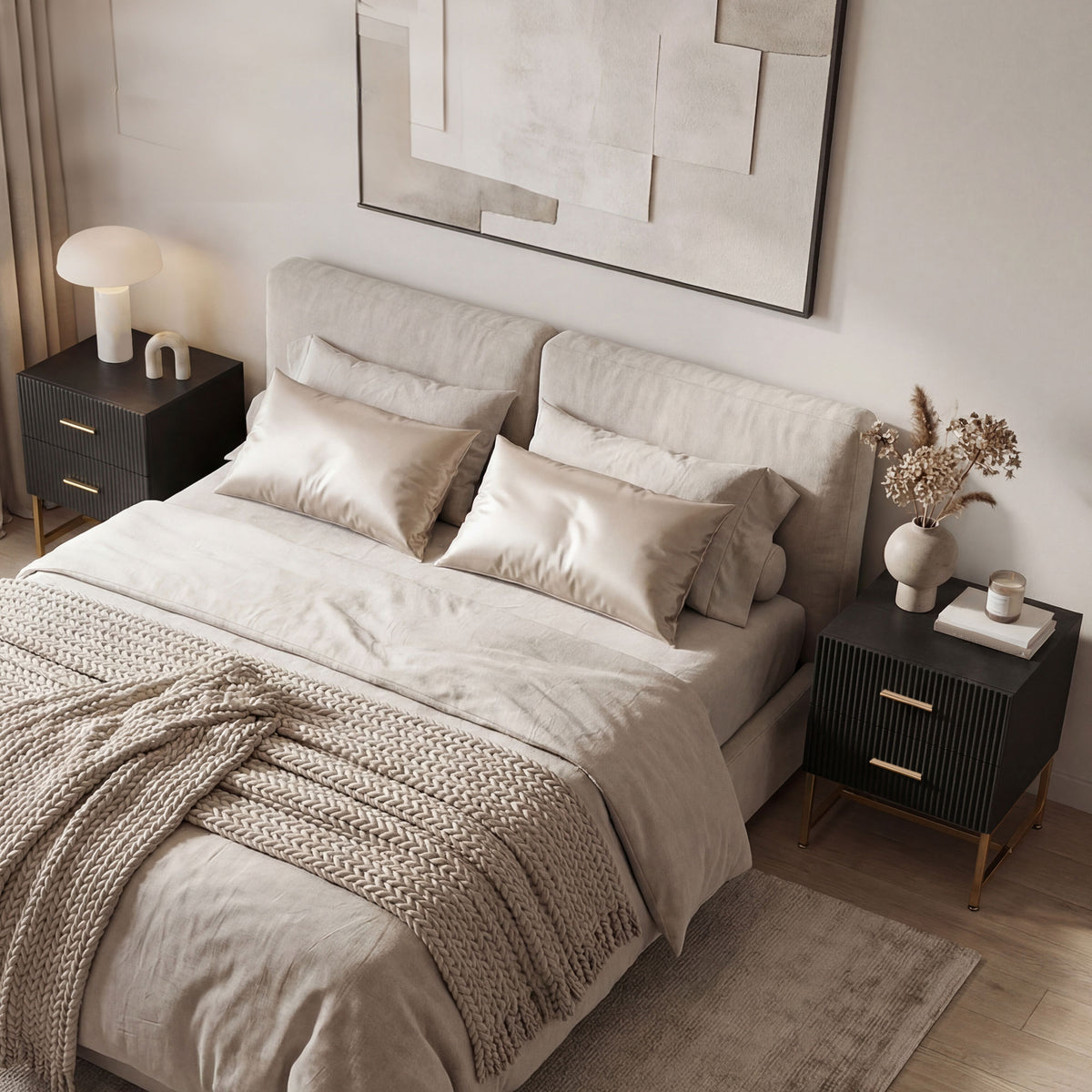 2 Pieces Nightstands with Storage, Modern Bedside Tables with 2 Fluted Drawers and Gold Legs for Bedroom, Black