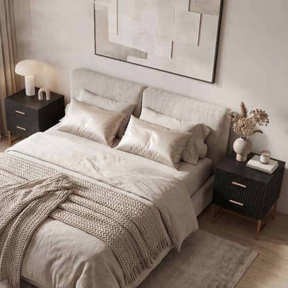 Set of 2 Nightstands with Fluted Drawers and Gold Legs