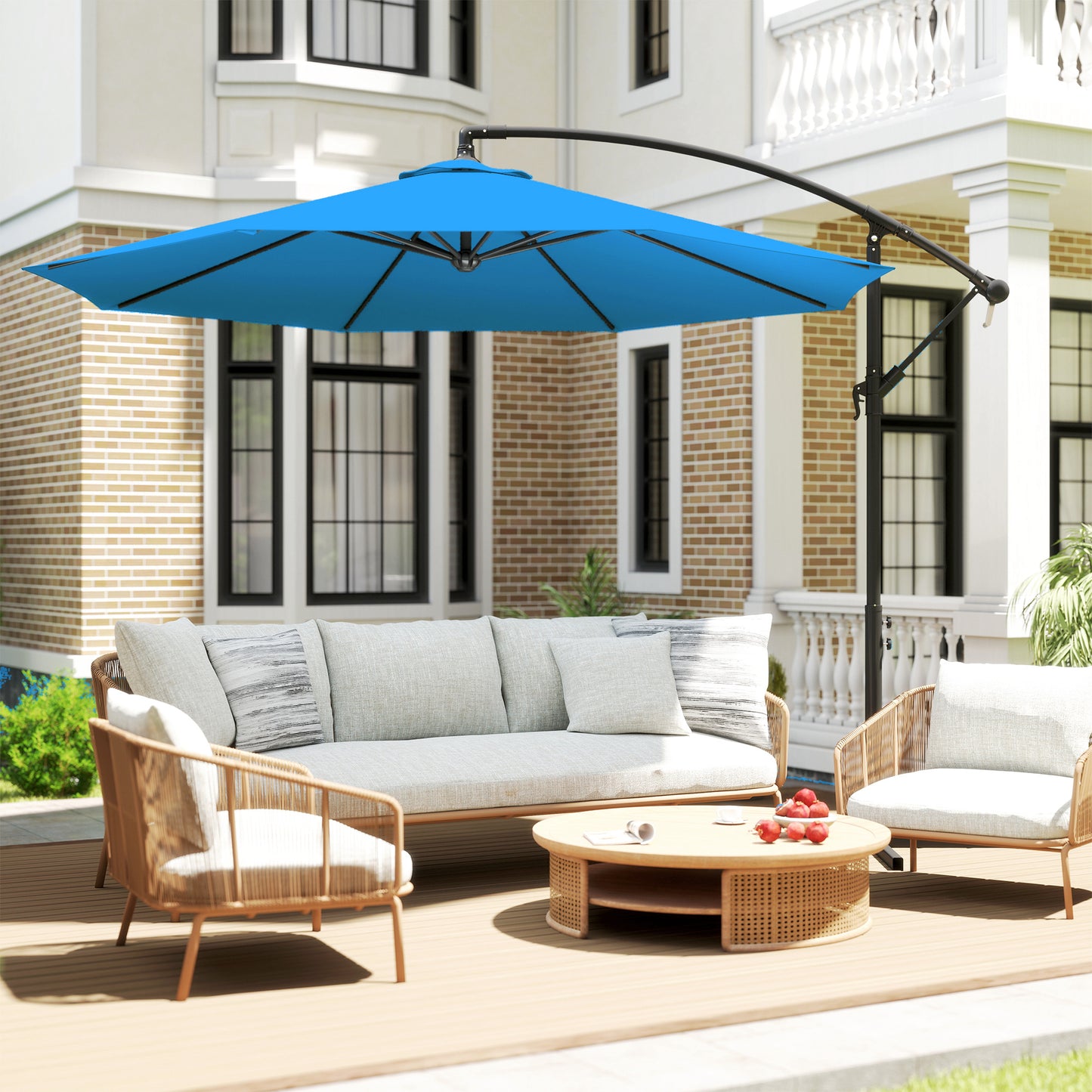 10ft Offset Patio Umbrella with Base, Garden Hanging Parasol with Crank, Banana Cantilever Umbrella Sun Shade, Blue