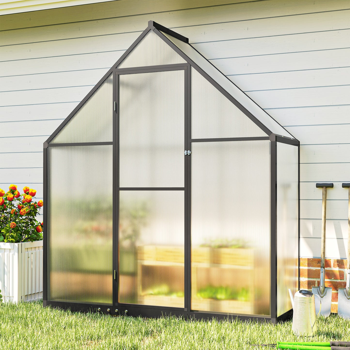 Polycarbonate Greenhouse Walk-in Greenhouse with Swing Door and Adjustable Window, 5.5 x 2ft, Black