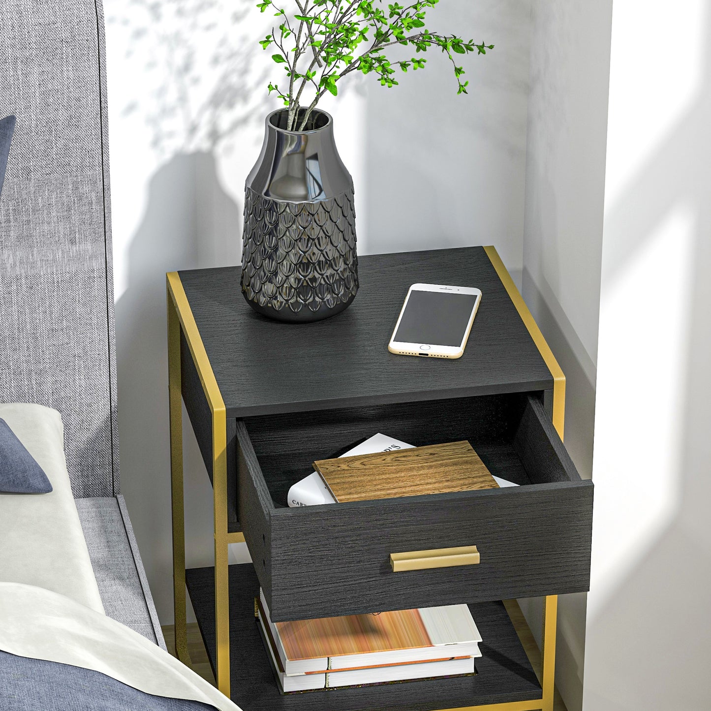 Modern Nightstand Set Of 2, Small Bedside Table with Drawer, Shelf and Steel Frame for Bedroom, Black