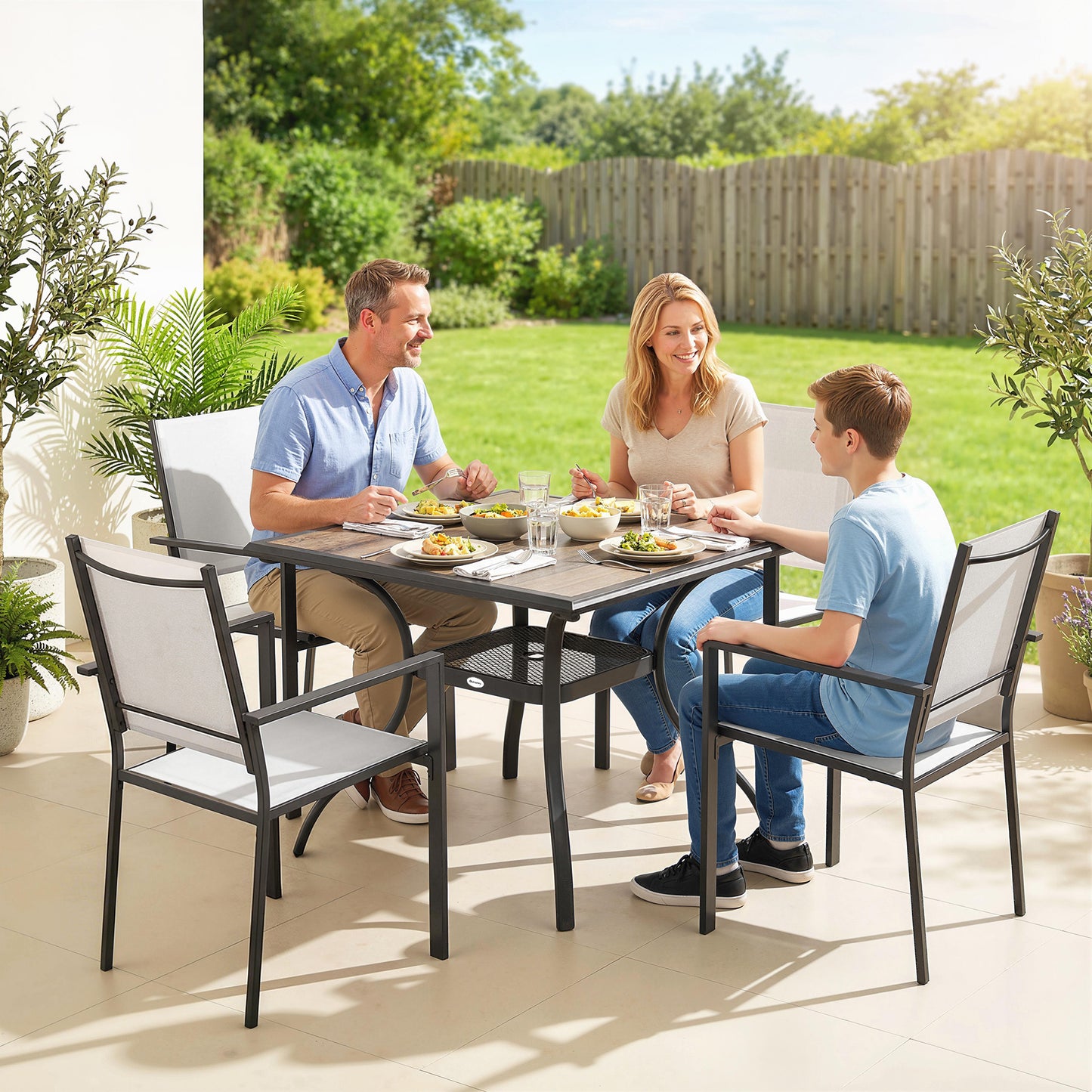 5 Piece Outdoor Patio Dining Set, Dining Table and 4 Stackable Chairs with Umbrella Hole, Shelf
