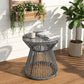 Round End Table, Rattan Side Table, Hollow Drum Design Coffee Table w/ Glass Top for Patio, Garden, Balcony, Dark Grey