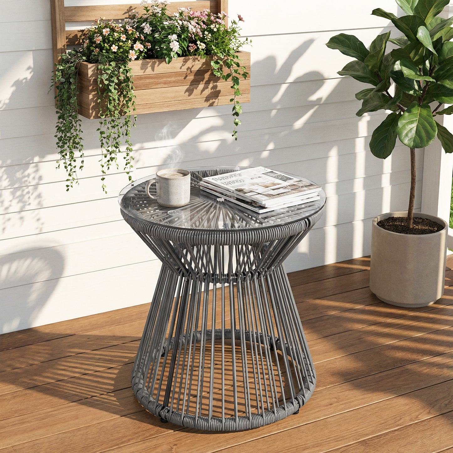 Round End Table, Rattan Side Table, Hollow Drum Design Coffee Table w/ Glass Top for Patio, Garden, Balcony, Dark Grey