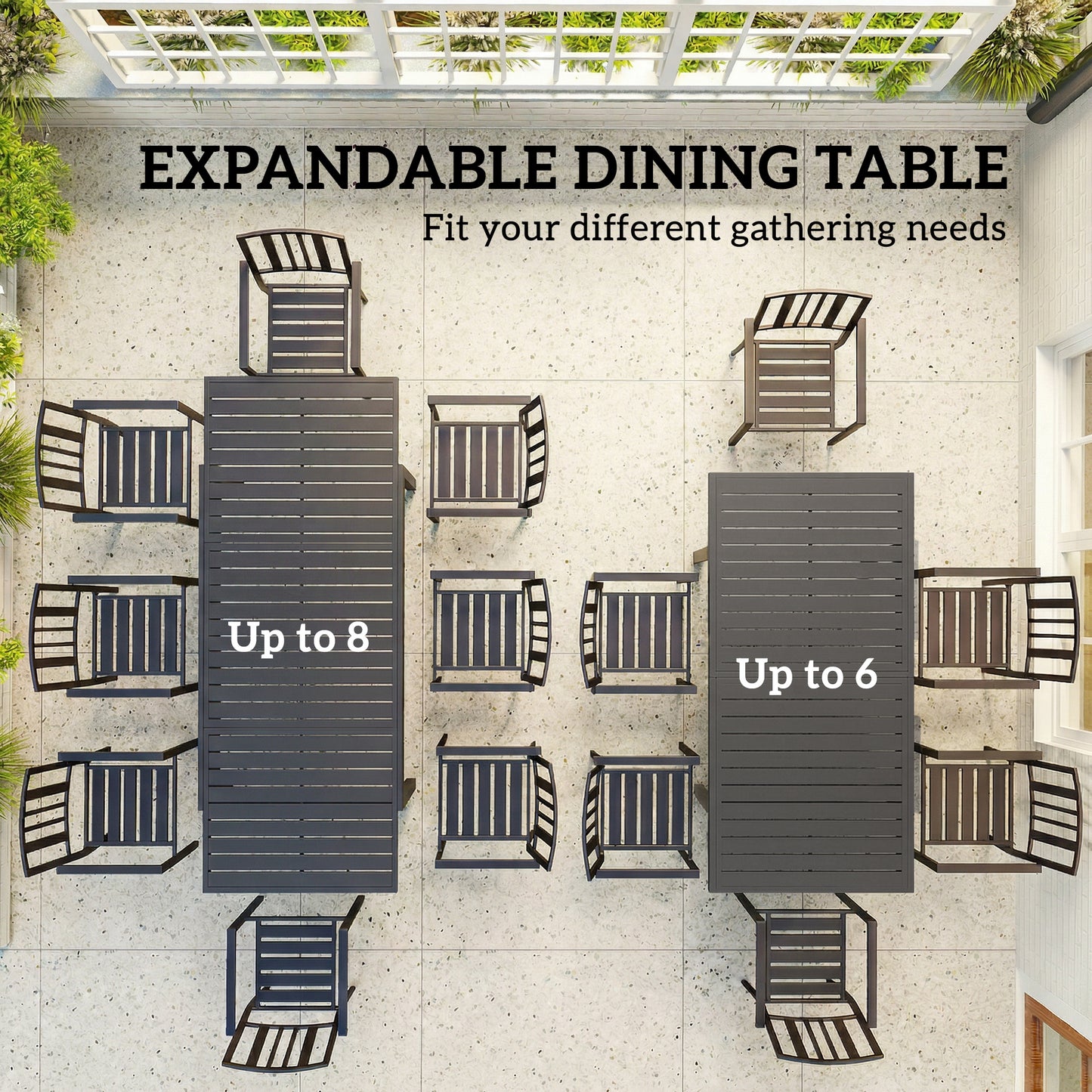 Expandable Outdoor Dining Table for 6-8 People, 59"-89" Aluminum Patio Dining Table with Slatted Top, Dark Grey