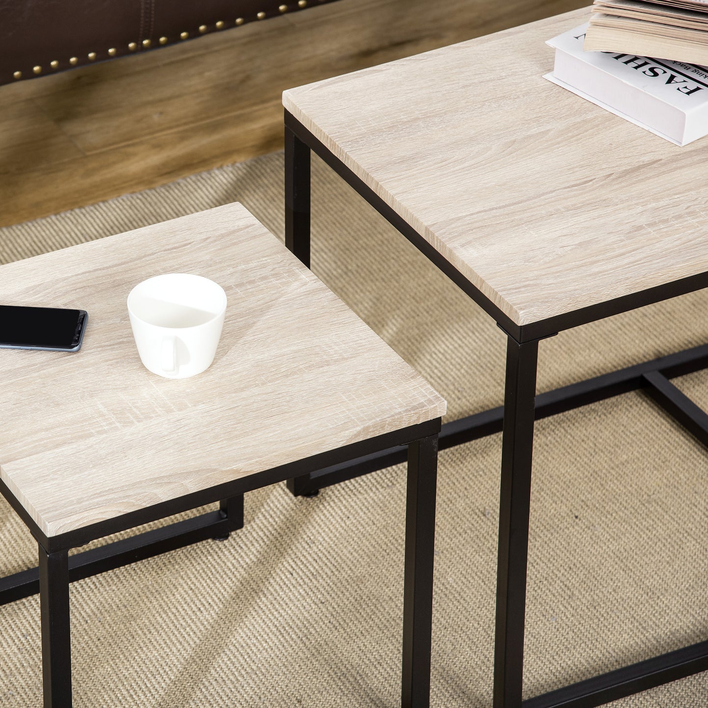 Nesting Coffee Table Set of 3, Modern End Tables with Black Metal Frame for Living Room Home Furniture, Natural
