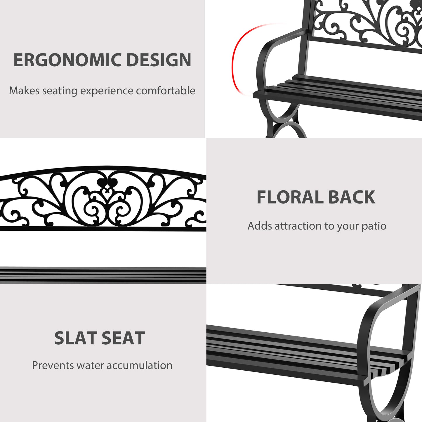 50" 2-Seater Garden Bench, Patio Porch Decorative Chair Cast Iron Loveseat Outdoor Furniture for Yard, Lawn, Porch, Black