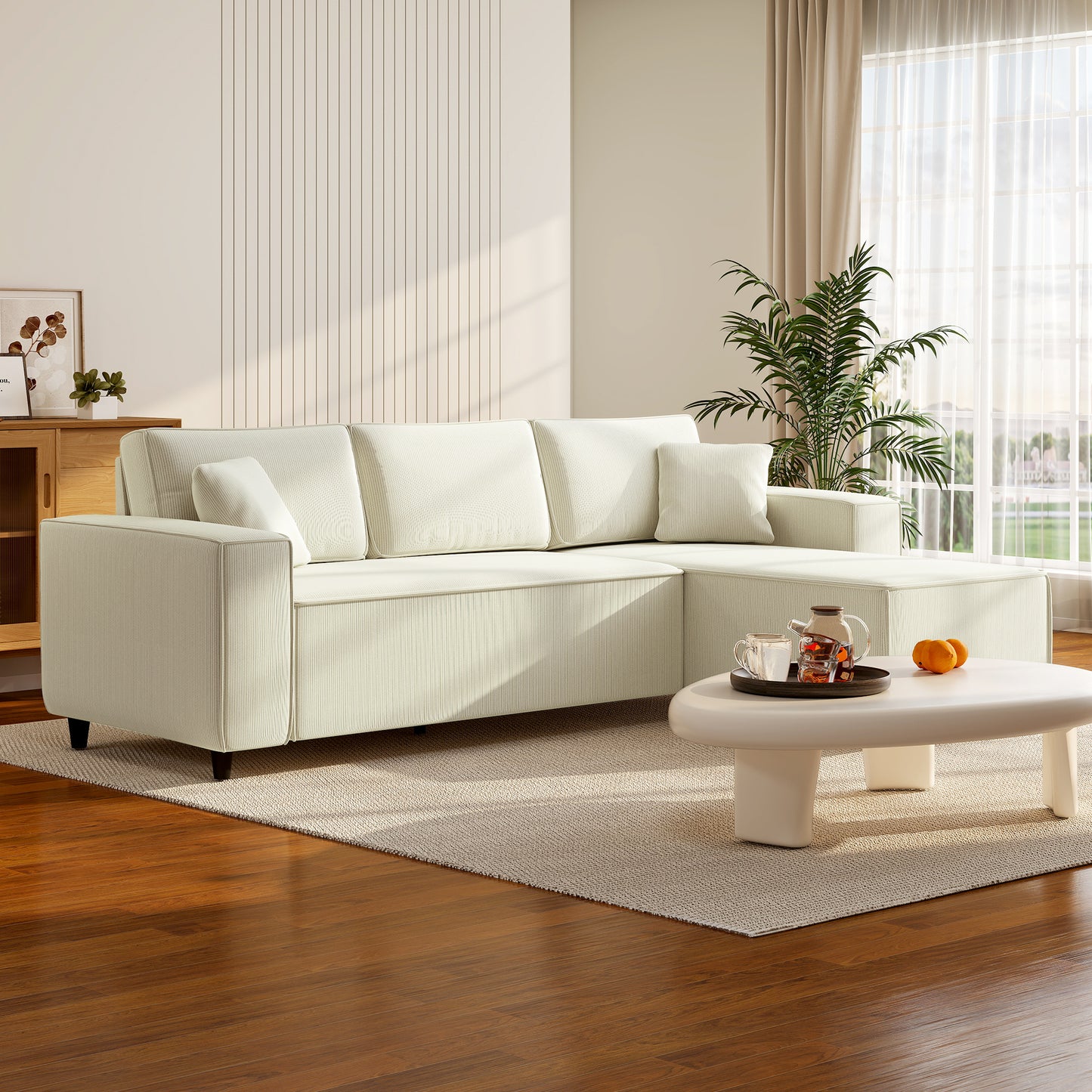 Corduroy L-Shape Corner Sectional Sofa - Cream White