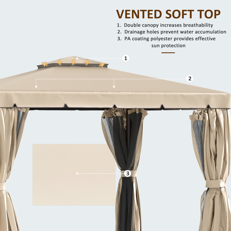 10' x 10' Khaki Polyester Gazebo with Curtains & Double Roof