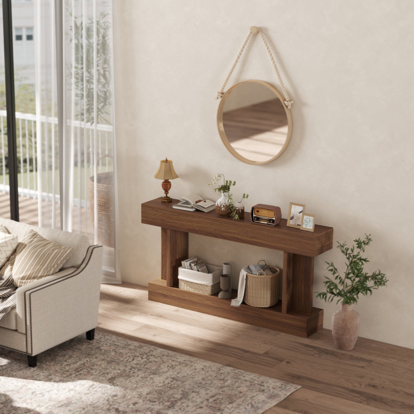 63 Inch Long Console Table, Vintage Narrow Entryway Table with Storage Shelf for Living Room and Hallway, Dark Brown