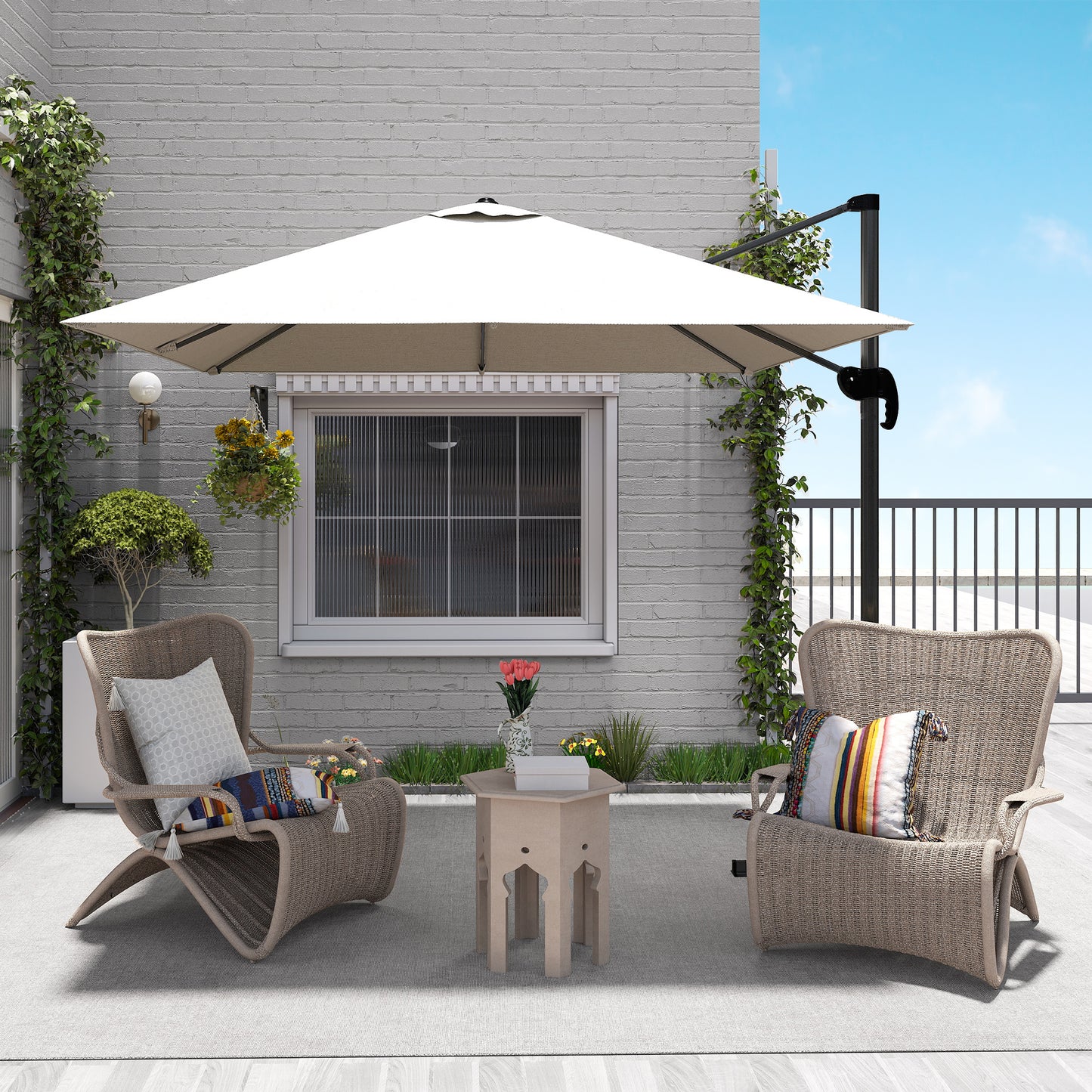 8' x 8' Square Patio Hanging Offset Umbrella with 360° Rotation, Aluminum Outdoor Cantilever Parasol with Crank & Tilt, Sun Canopy Shelter with Cross Base, White