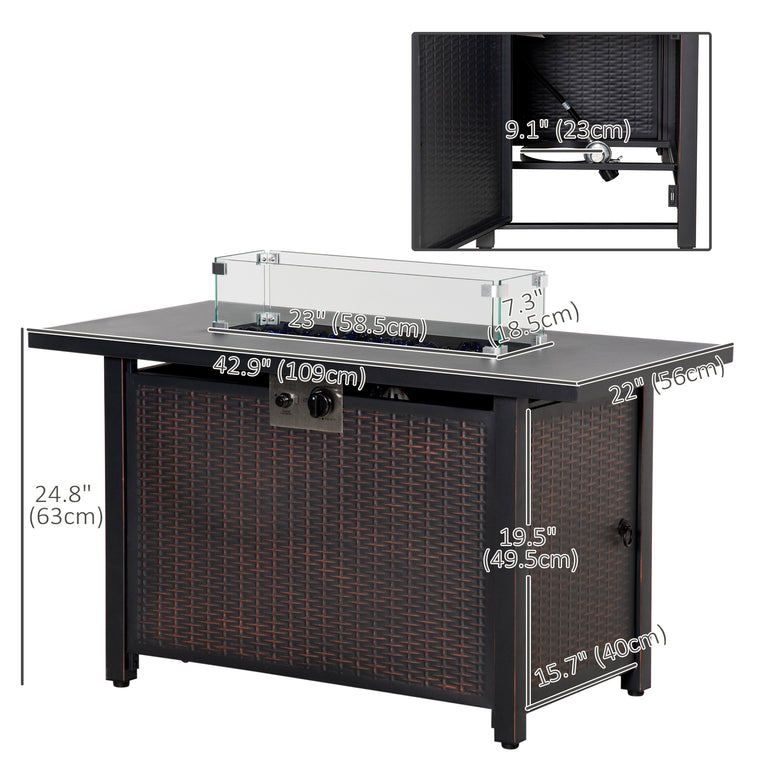 Bronze 43" Wicker Propane Gas Fire Pit Table with Wind Guard
