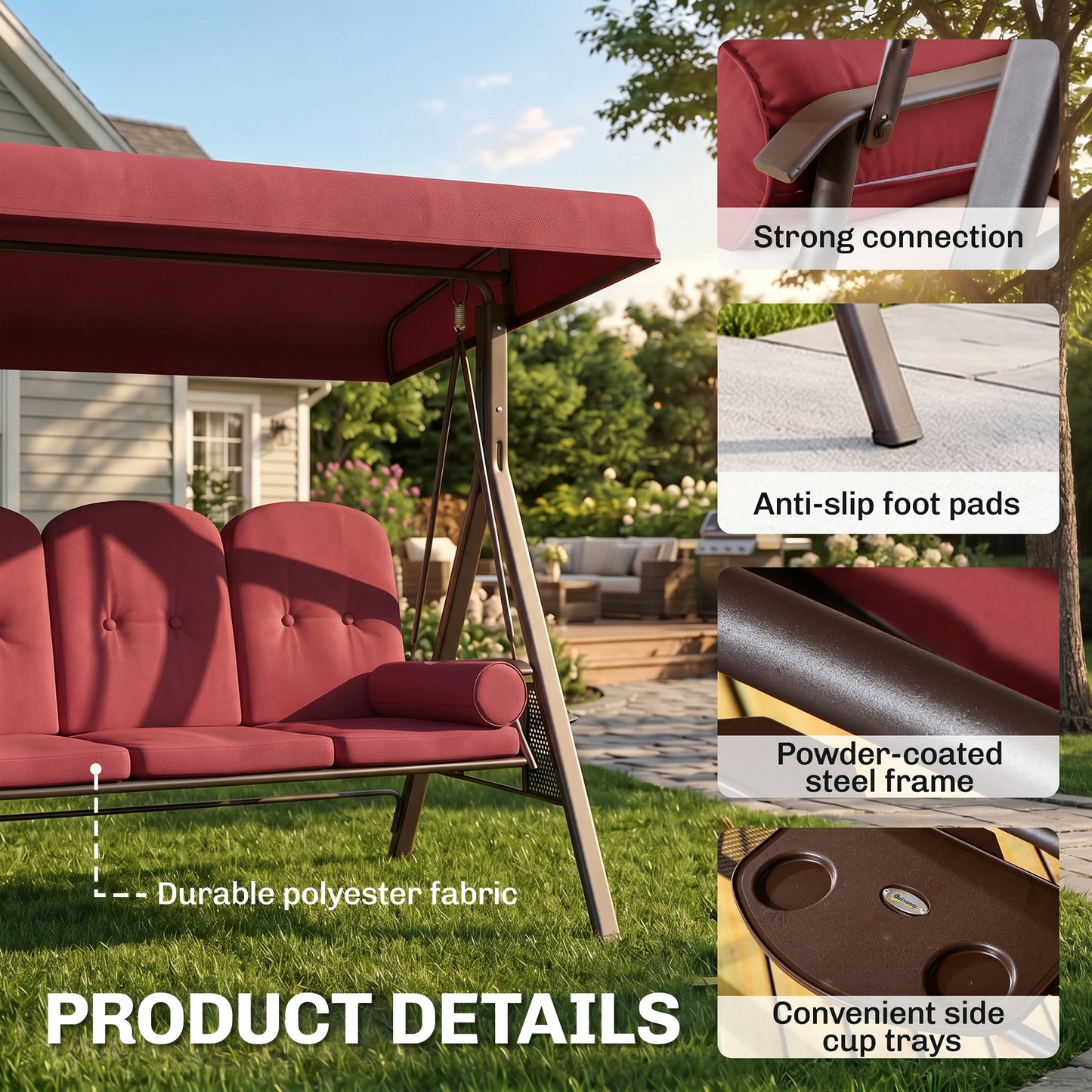 Outdoor Patio 3-Person Steel Canopy Cushioned Seat Bench Swing with Included Side Trays & Padded Comfort, Wine Red