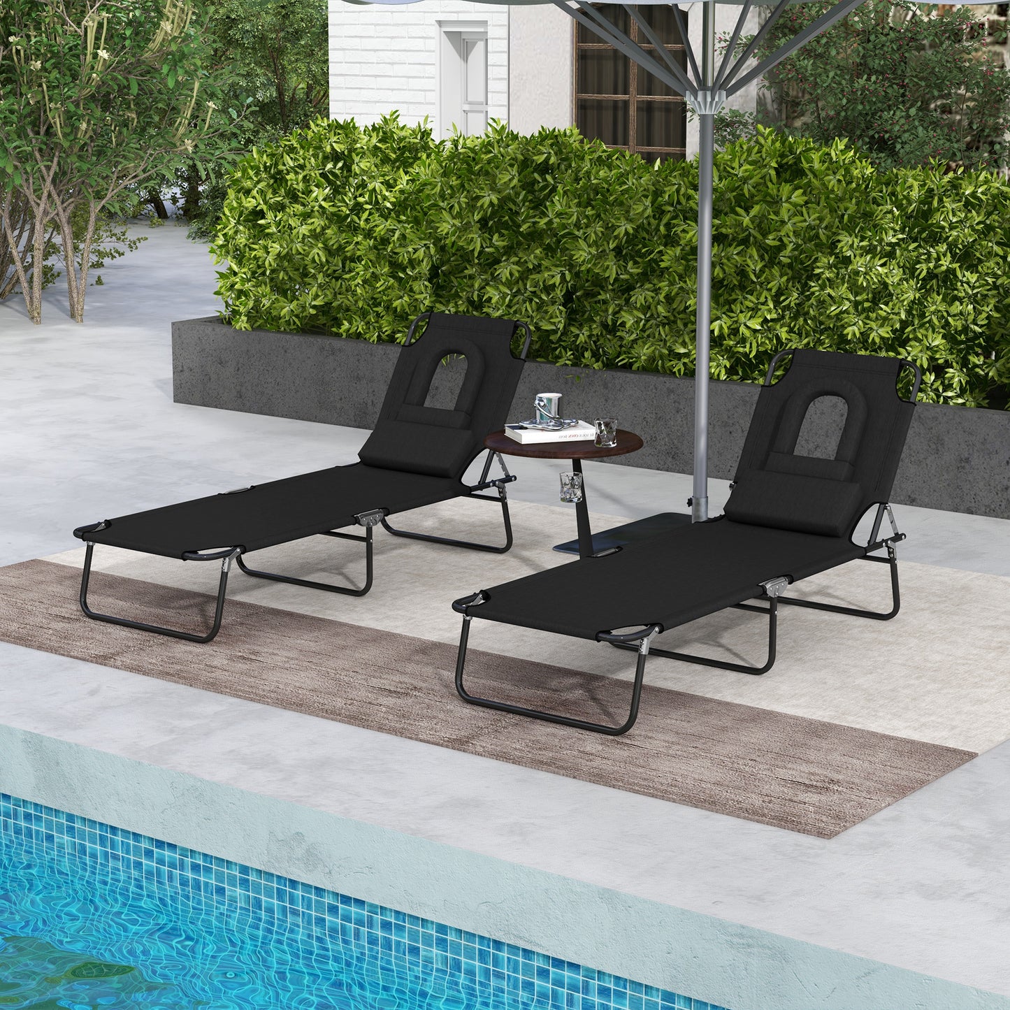 Folding Lounge Chair Set of 2, Reclining Beach Tanning Chair with Face Hole, Pillow, 4-Position Adjustable Flat Sun Lounger, Steel Frame for Outdoor Patio Pool, Green