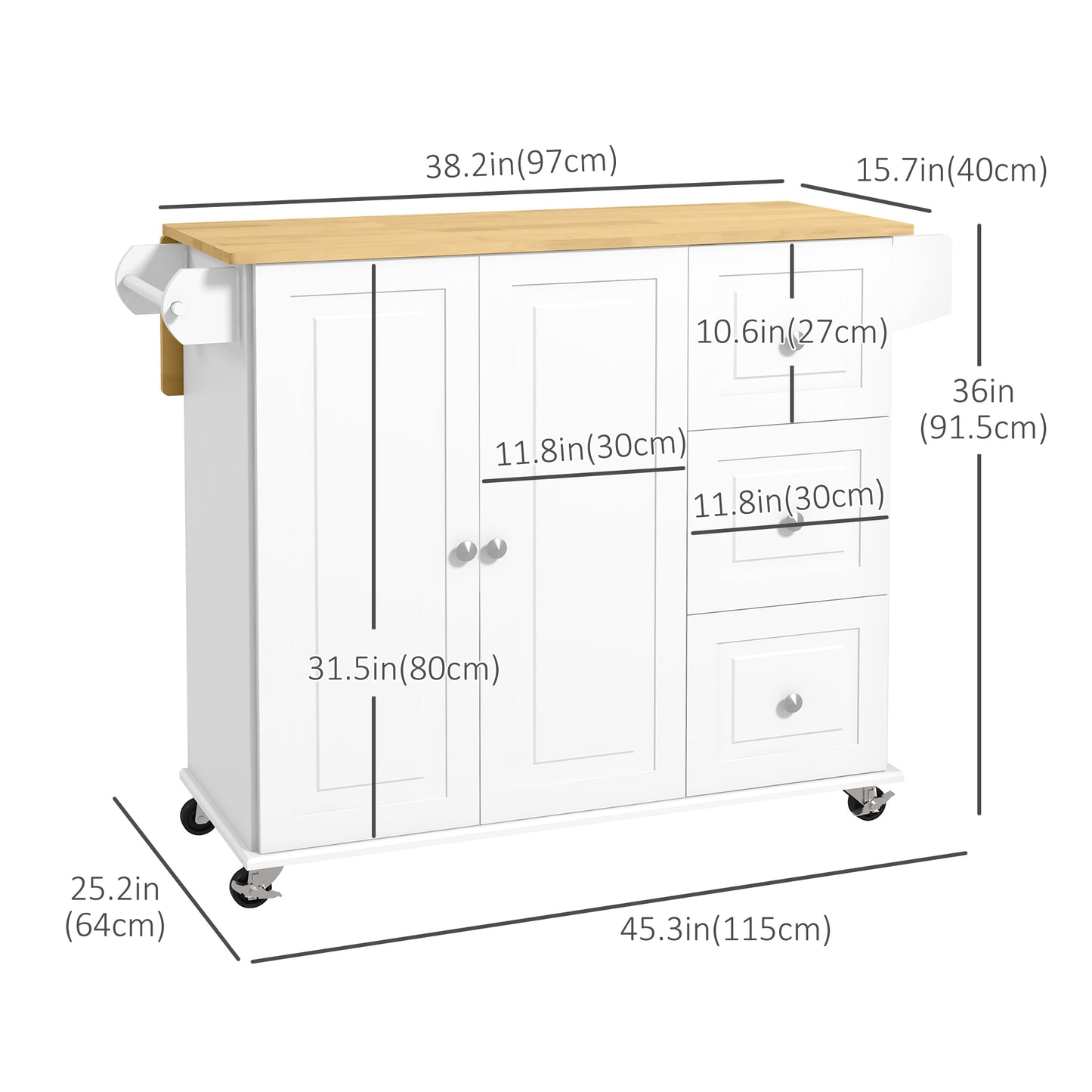 Kitchen Island on Wheels, Kitchen Cart with Drop Leaf, Drawers, White