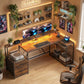 76" Gaming Desk, Computer Table with RGB Lights, USB Ports, Monitor Stand and 2 Fabric Drawers, Rustic Brown