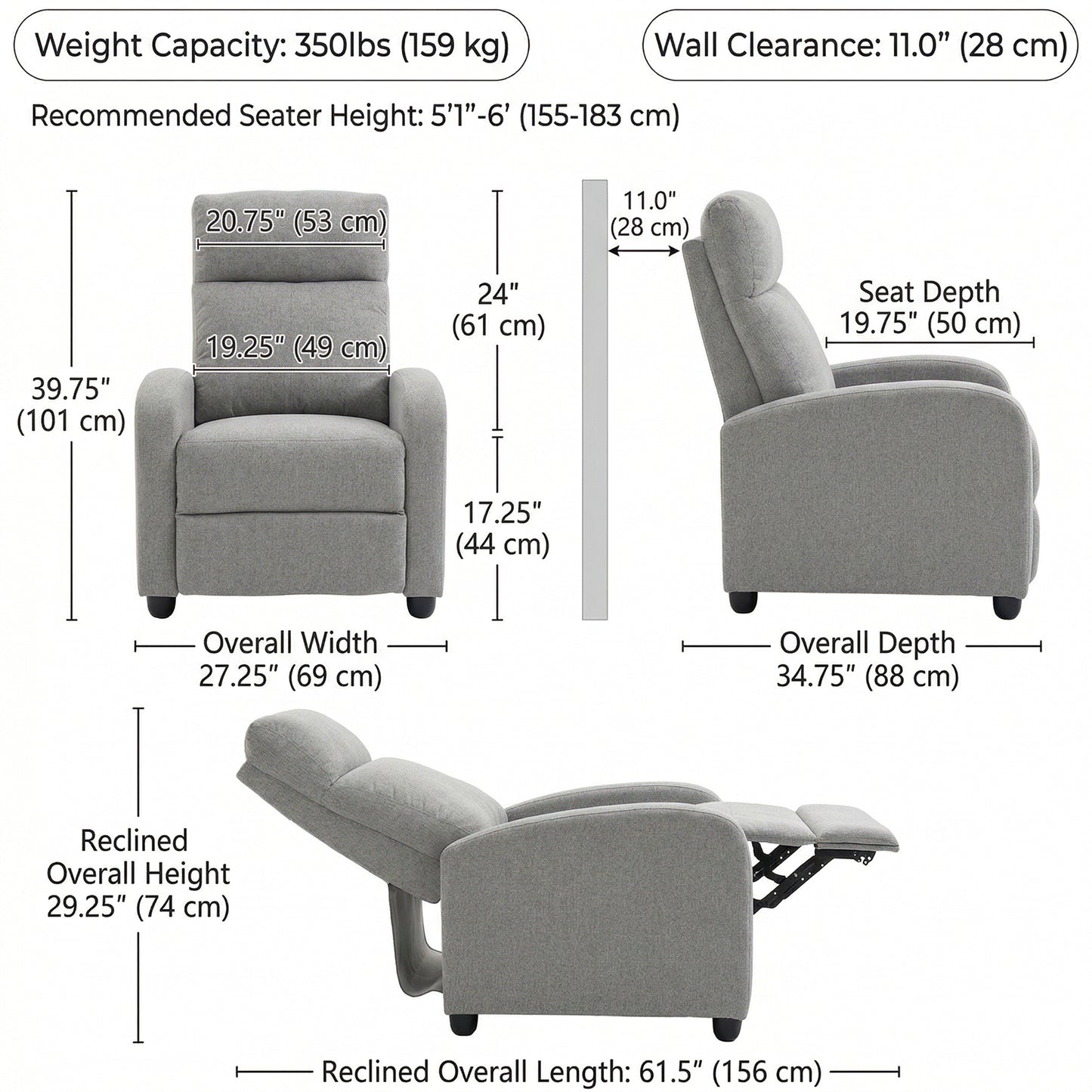 Manual Recliner Single Sofa Chair, Linen-Touch Home Theater Seating Armchair for Living Room, Light Grey