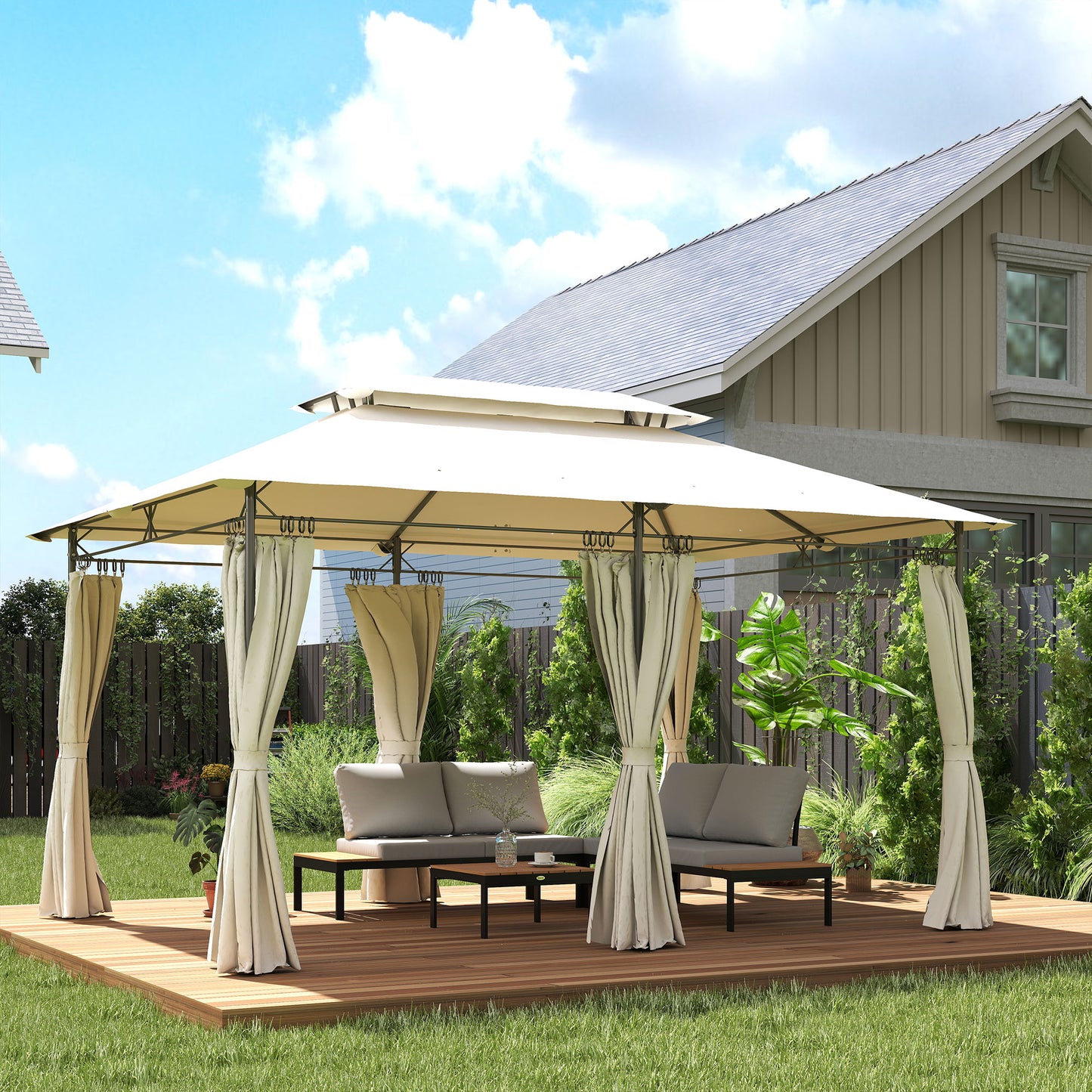 10' x 13' Double Roof Patio Gazebo, Outdoor Gazebo with Curtains, for Garden, Lawn, Backyard and Deck, Cream White