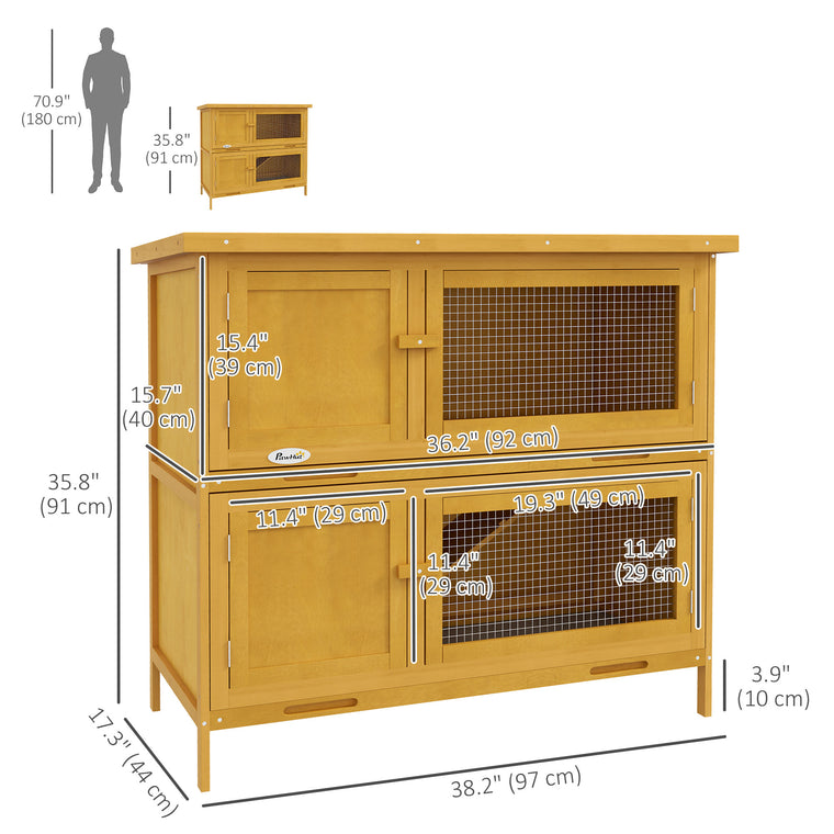 Yellow Wood Rabbit Hutch with 2 Main Houses & Ramp