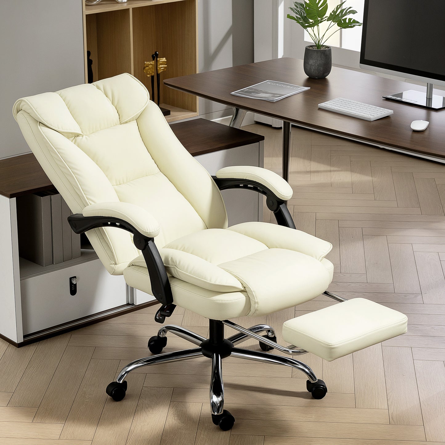 Executive Office Chair, Pet-Friendly Leather Ergonomic Desk Chair with Footrest, Swivel Recliner, Beige
