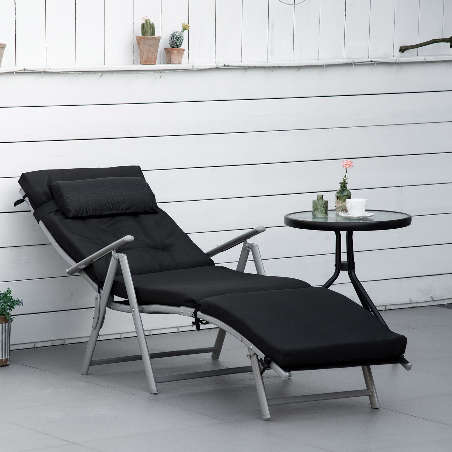 Outdoor Folding Chaise Lounge Chair Recliner with Portable Design, Adjustable Backrest, Cushion and Headrest, Black