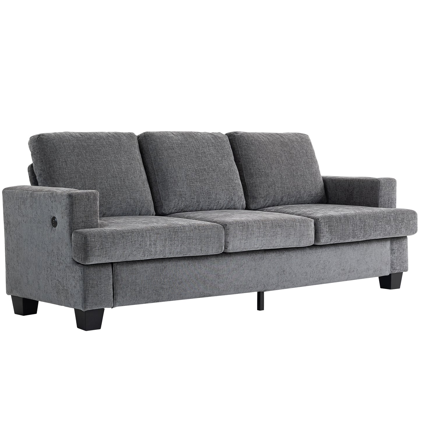 3 Seater Sofa with USB Ports & Cup Holders, Chenille-Feel Upholstered Couch for Living Room, Grey