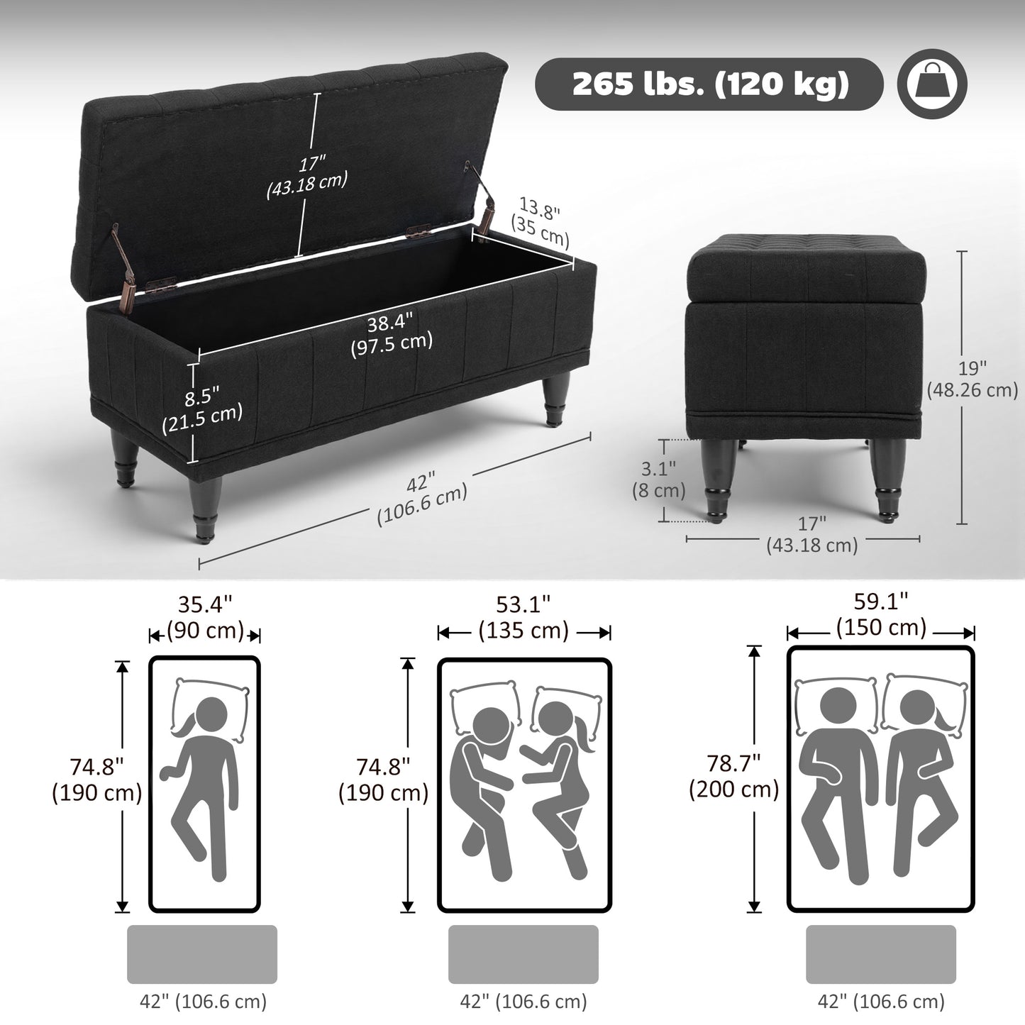 Storage Ottoman, Linen Fabric End of Bed Bench with Button Tufted Storage Bench for Bedroom, Black