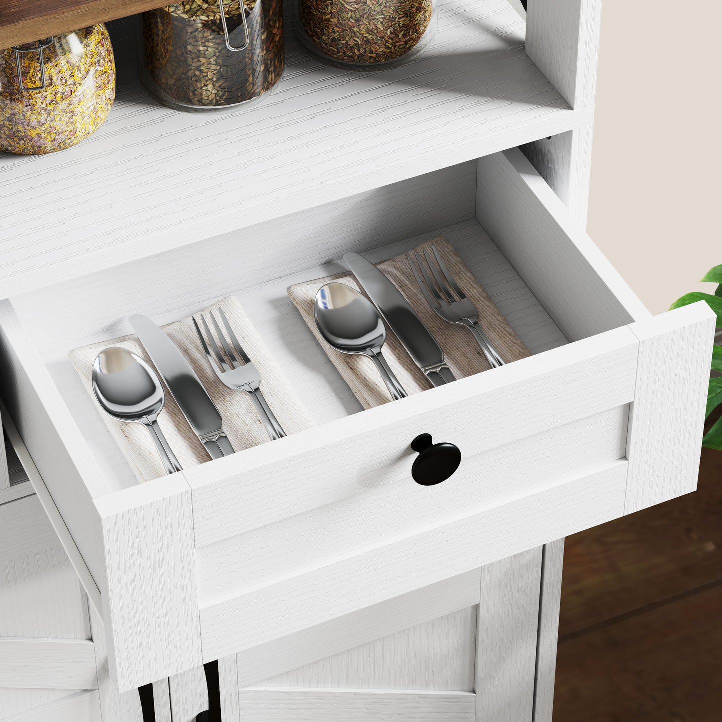 Sideboard, Buffet Cabinet with 4 Barn Doors and 3 Drawers, Coffee Bar Cabinet with Adjustable Shelves, White