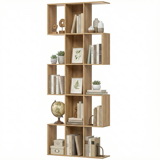 5-Tier S-Shaped Geometric Bookcase - Oak