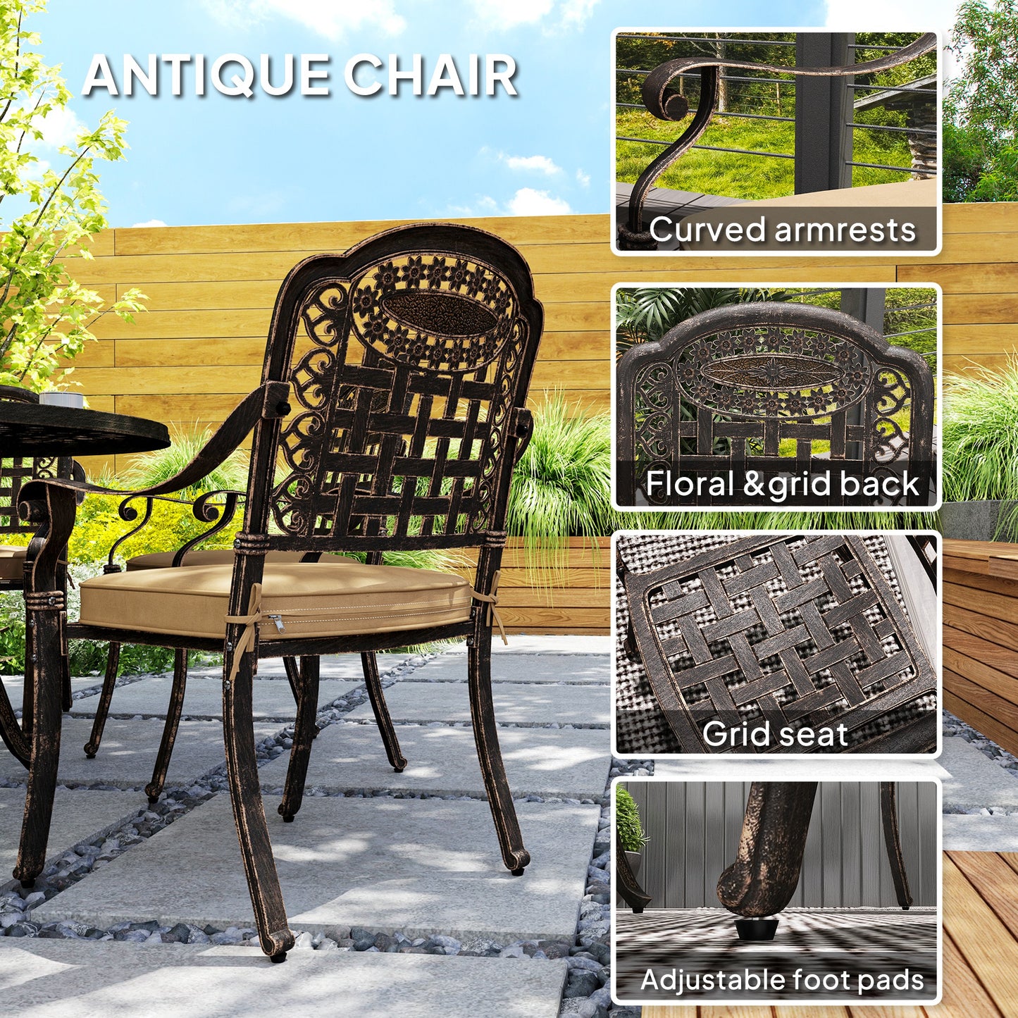 7 Pieces Outdoor Dining Set for 6, Aluminum Patio Table and Chairs Furniture Set with Umbrella Hole, Cushions, Bronze
